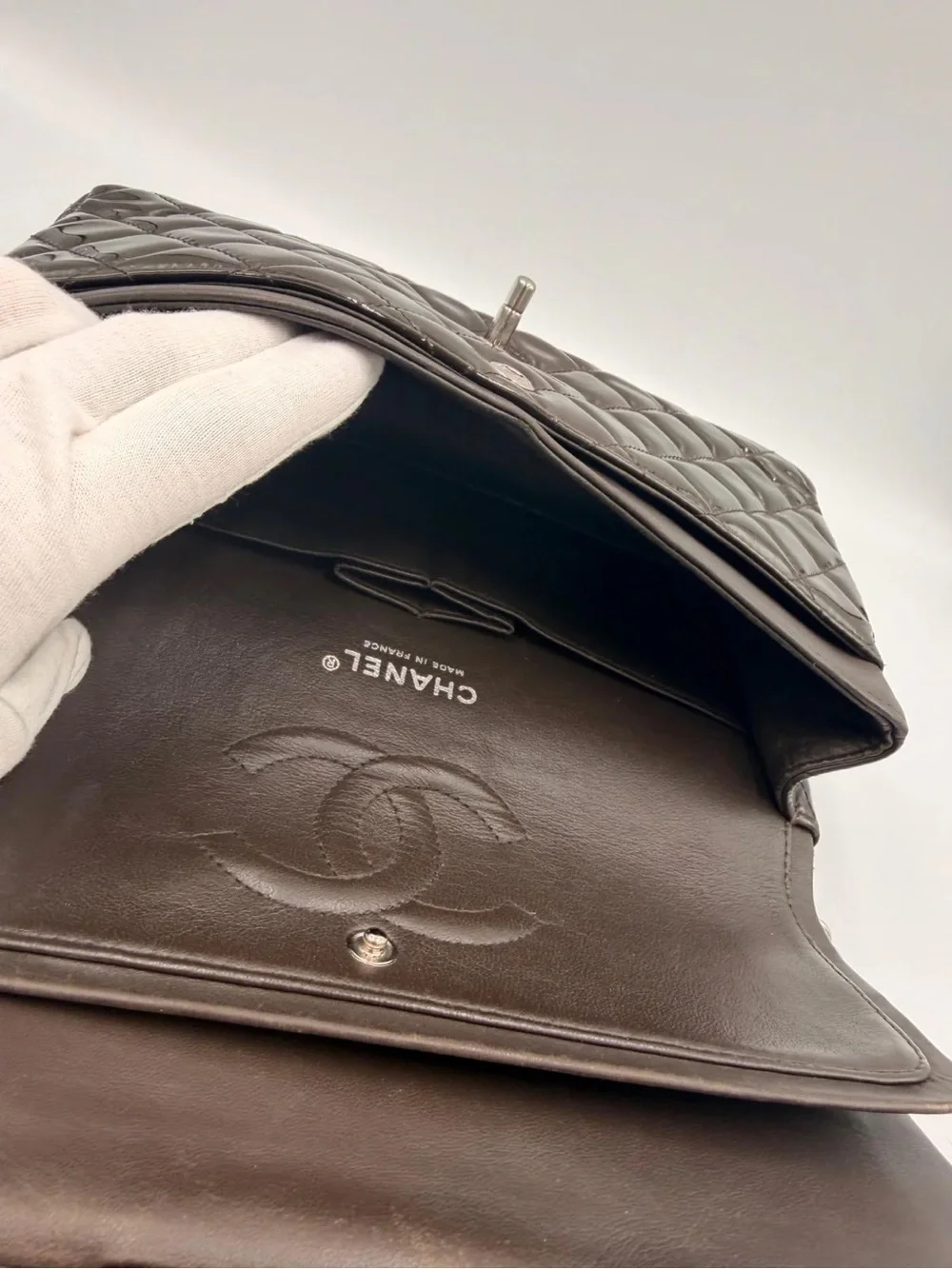 Chanel Classic Medium Double Flap — Dark Brown Patent Silver HW